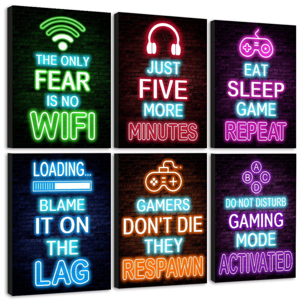 Drsoum Gamer Room Art for Boys Wall Art Neon Gaming Room Decor Game Poster Wall Decor Teenage Boy Room 8x10in6pcs Natural Framed