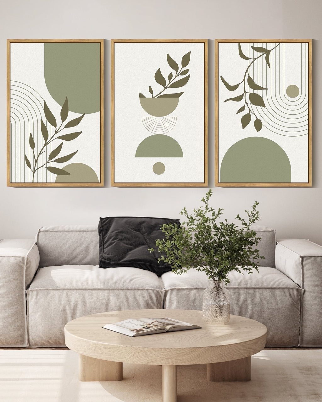 Drsoum Green Botanical Boho Wall Art 16x24in3pcs Natural Framed Modern Boho Decor Abstract Geometry Lines Prints