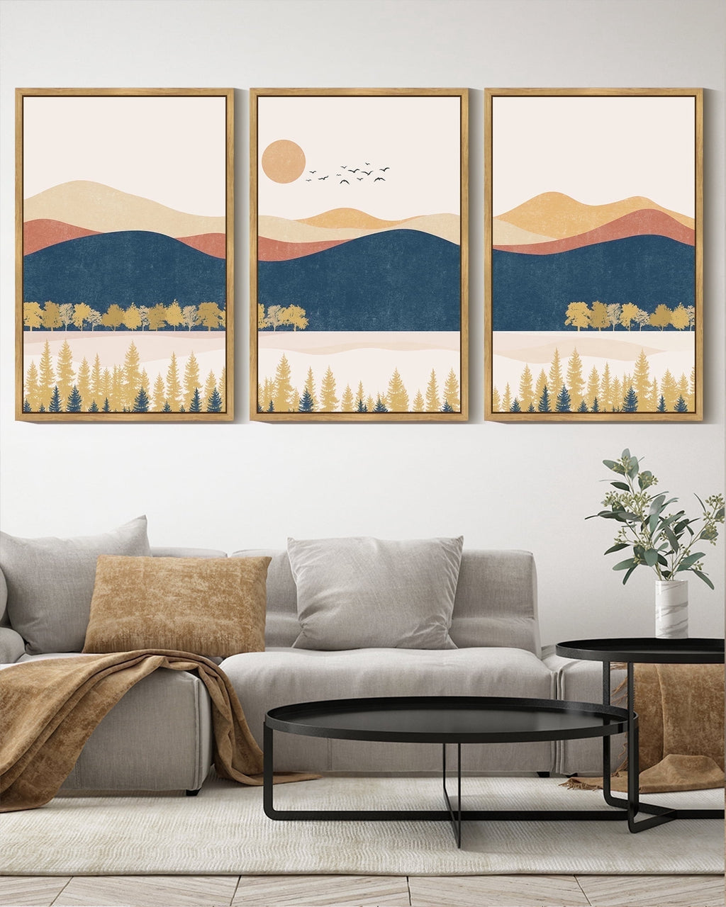Drsoum Landscape Mountain Wall Art 16x24in3pcs Natural Framed Set Lake Sunrise Pine Tree Forest Art for Living Room Bedroom