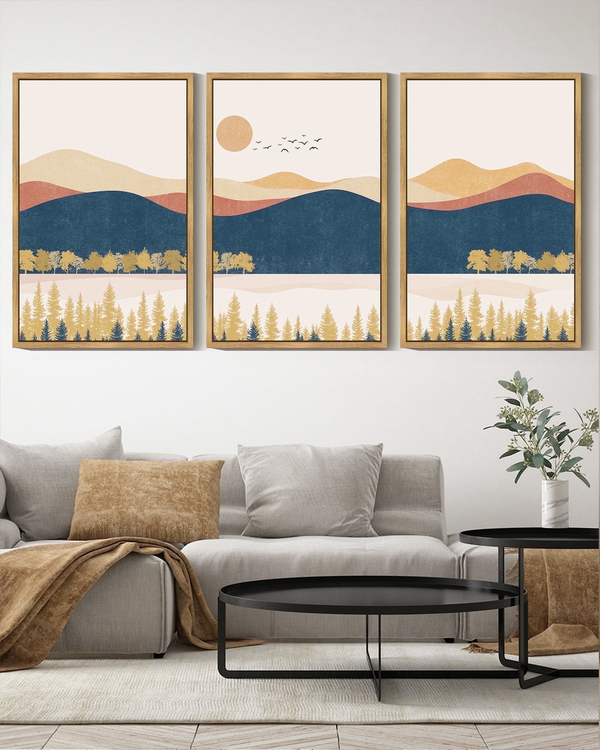 Drsoum Landscape Mountain Wall Art 16x24in3pcs Natural Framed Set Lake Sunrise Pine Tree Forest Art for Living Room Bedroom