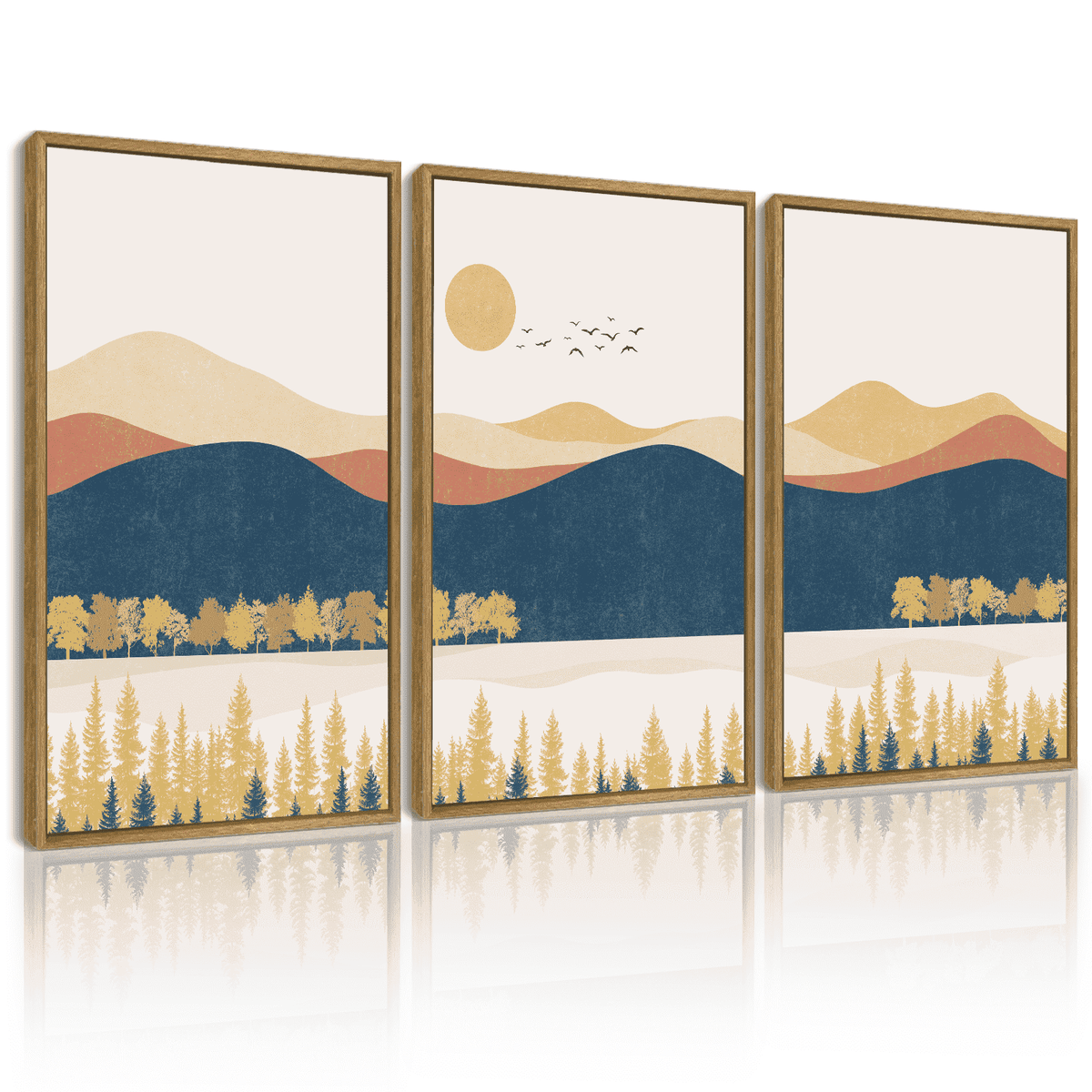 Drsoum Landscape Mountain Wall Art Set Lake Sunrise Pine Tree Forest Art for Living Room Bedroom 11x14in3pcs Natural Framed