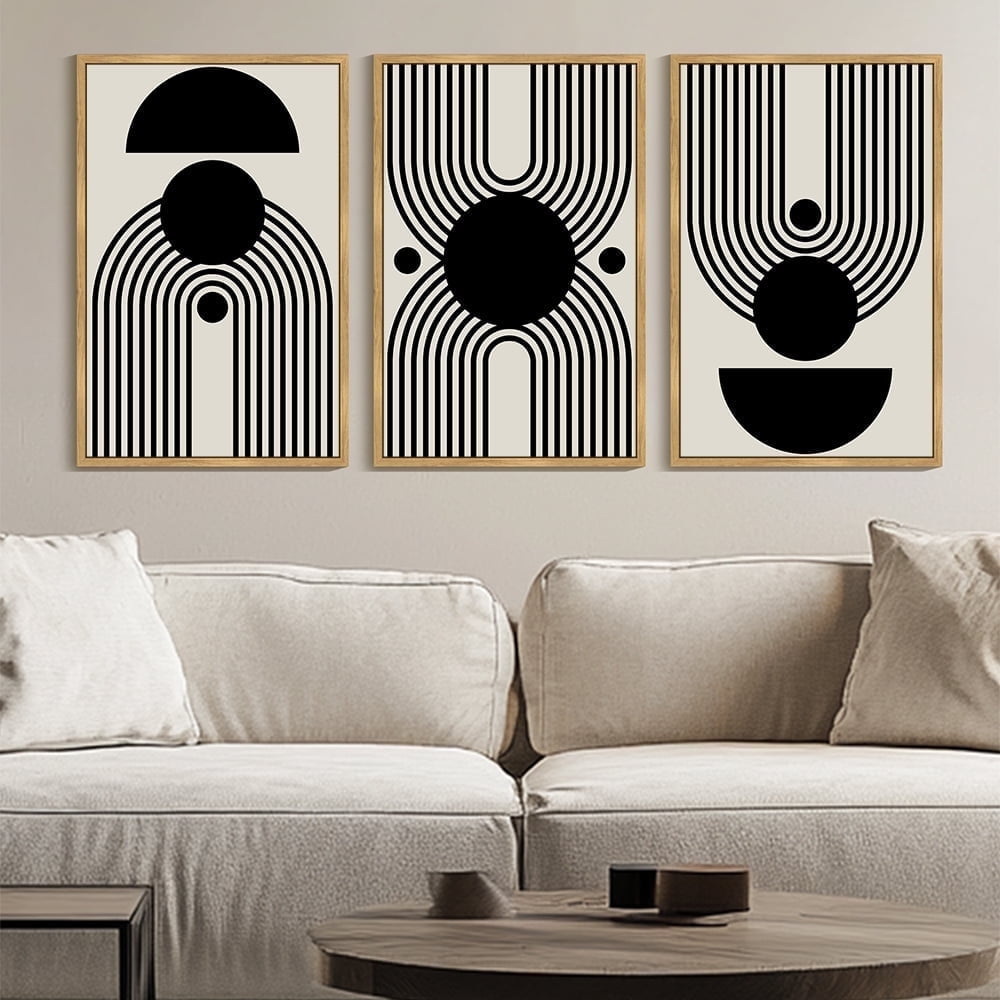 Drsoum Large 24x36in3pcs Natural Framed Black and White Abstract Wall Art Minimal Shapes Illustrations Modern Decor Ready To Hang