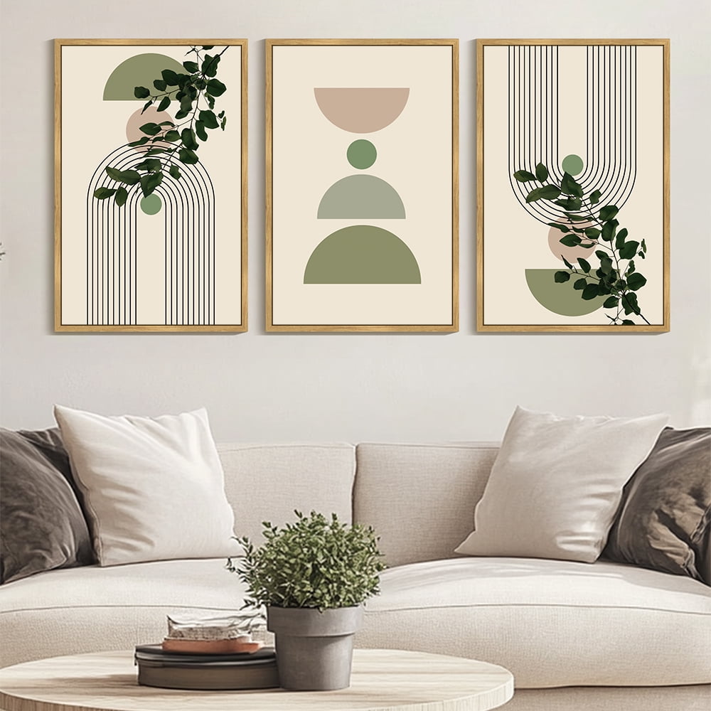 Drsoum Large 24x36in3pcs Natural Framed Bohemia Modern Prints with Green Leaf Wall Art Bedroom Living Room Decor