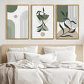 Drsoum Large 24x36in3pcs Natural Framed Boho Wall Art Green Modern Bohemia Wall Decor Abstract Geometry Prints for Bedroom