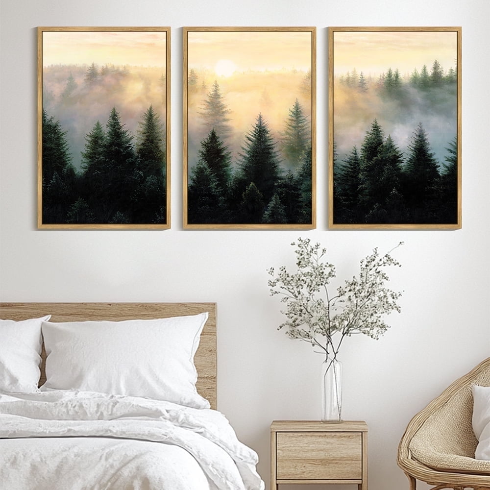 Drsoum Large 24x36in3pcs Natural Framed Fog Pine Green Tree Forest Art Nordic Modern Mountain work Prints Decor