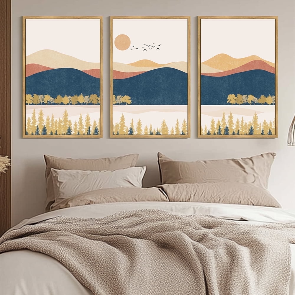 Drsoum Large 24x36in3pcs Natural Framed Landscape Mountain Wall Art Set Lake Sunrise Pine Tree Forest Art for Living Room Bedroom