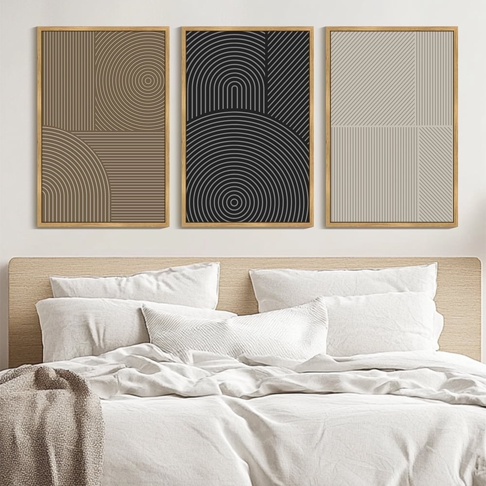Drsoum Large 24x36in3pcs Natural Framed Minimalist Abstract Wall Art Modern Line Decor Geometric Artwork Kitchen for Dining Room