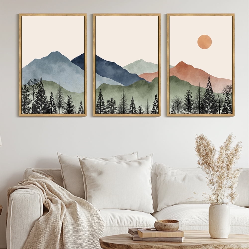Drsoum Large 24x36in3pcs Natural Framed Mountain Wall Art Classic Retro Floral Wall Prints Farmhouse Kitchen Hallway Bedroom Decor