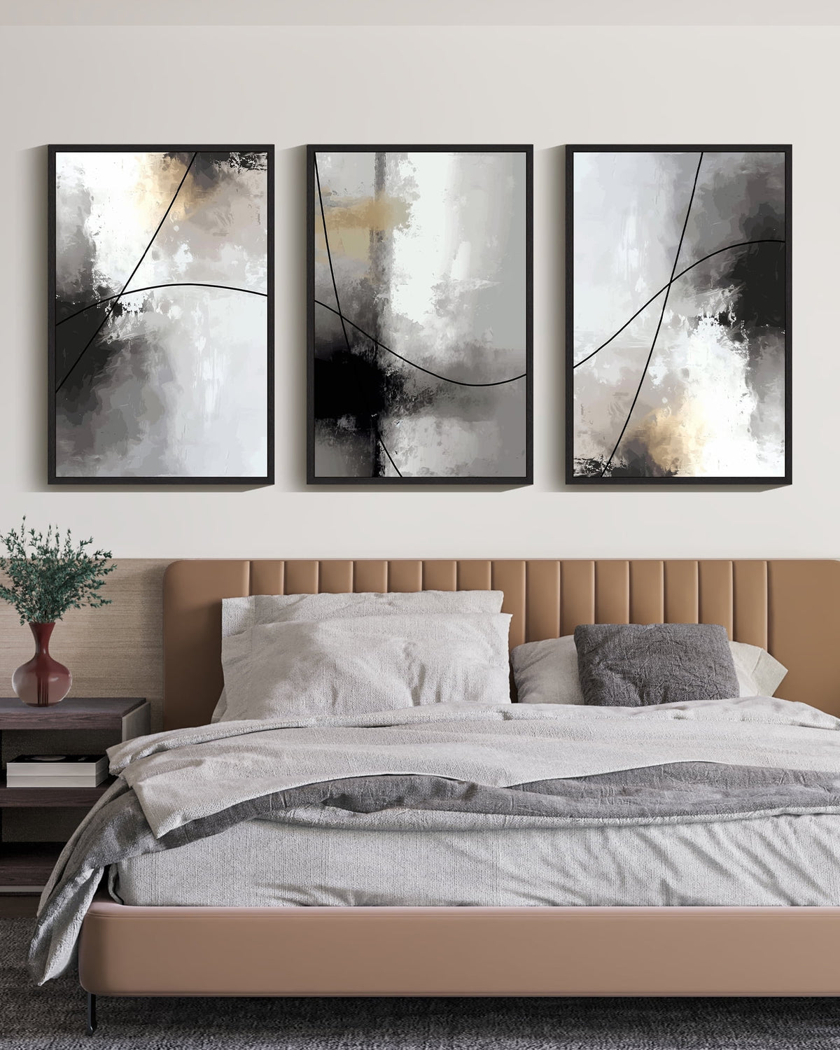 Drsoum Large Abstract Wall Art 24x36in3pcs Black Framed Black Line Modern Minimalist Painting Decor Graffiti Artwork
