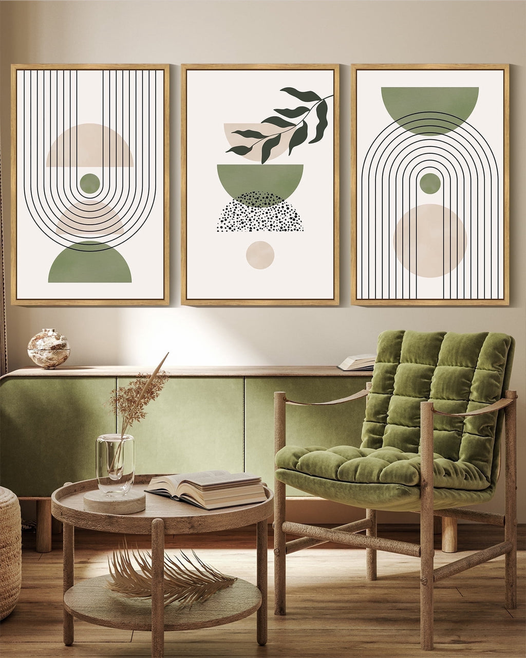Drsoum Leaf Wall Art 16x24in3pcs Natural Framed Green Botanical Boho Printing Minimalist for Bathroom Prints