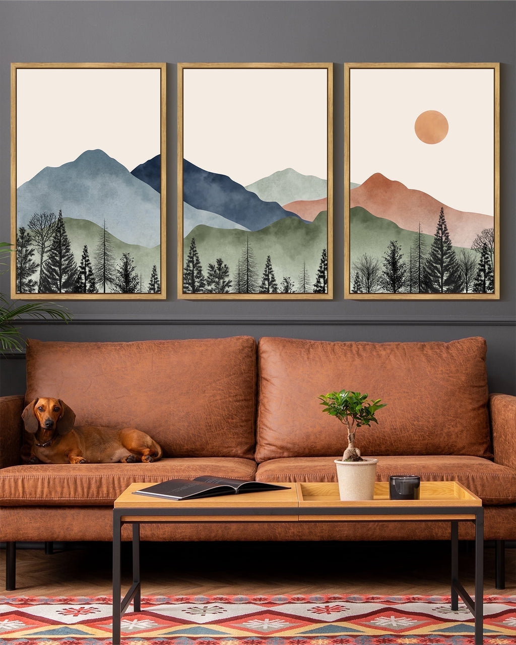 Drsoum Mountain Wall Art 16x24in3pcs Brown Framed Classic Retro Floral Wall Prints Farmhouse Kitchen Hallway Bedroom Decor