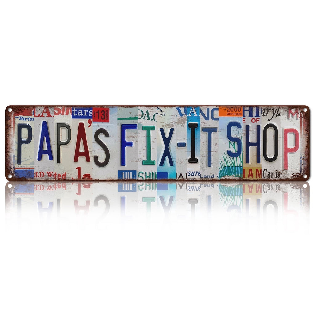 Drsoum Papas Fix It Shop Tin Sign Metal Retro License Plate Wall Decor for Garage