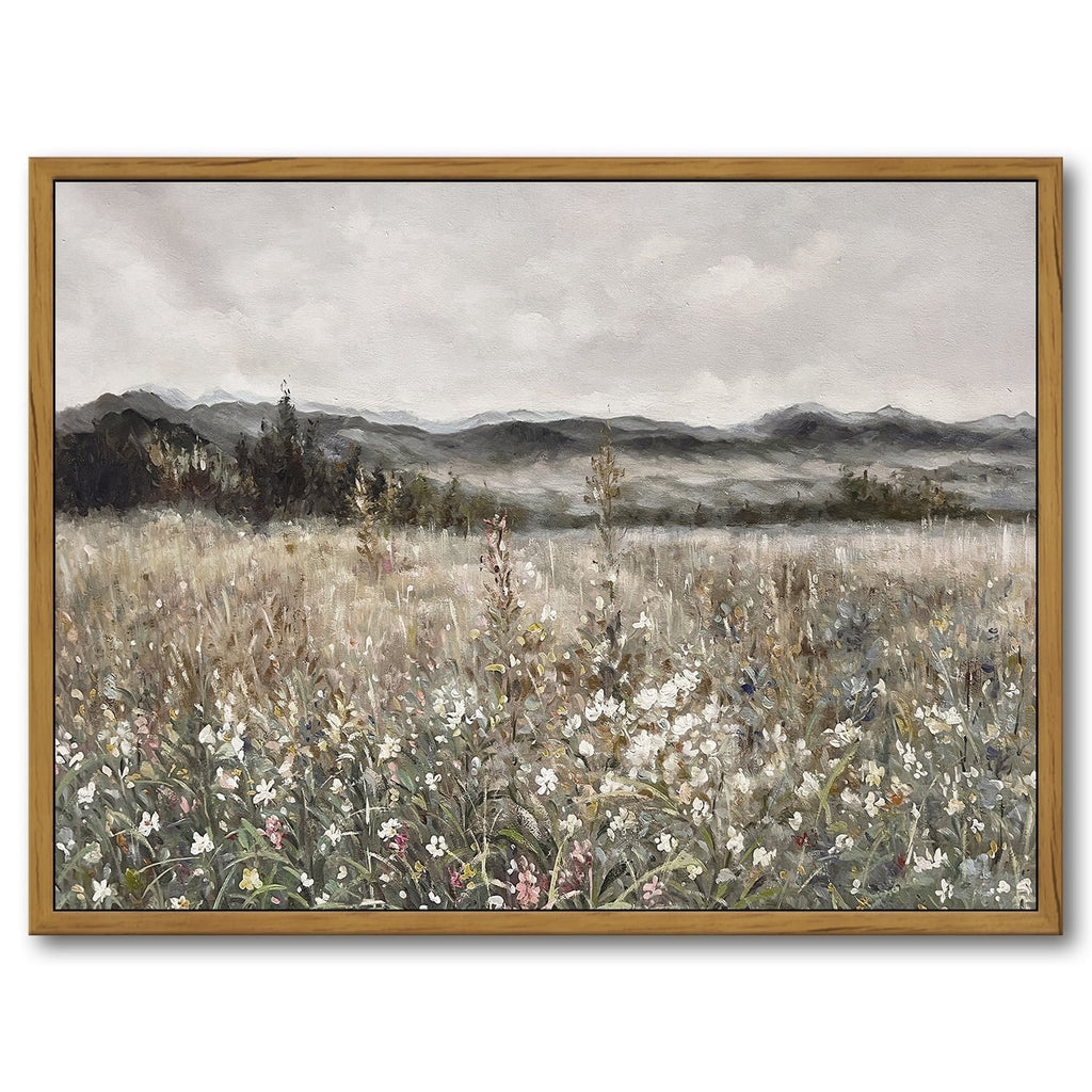 Drsoum Retro Farmhouse Boho Vintage Framed Canvas Wall Art Prints Meadow Flowers Painting 12x16in Natural Framed