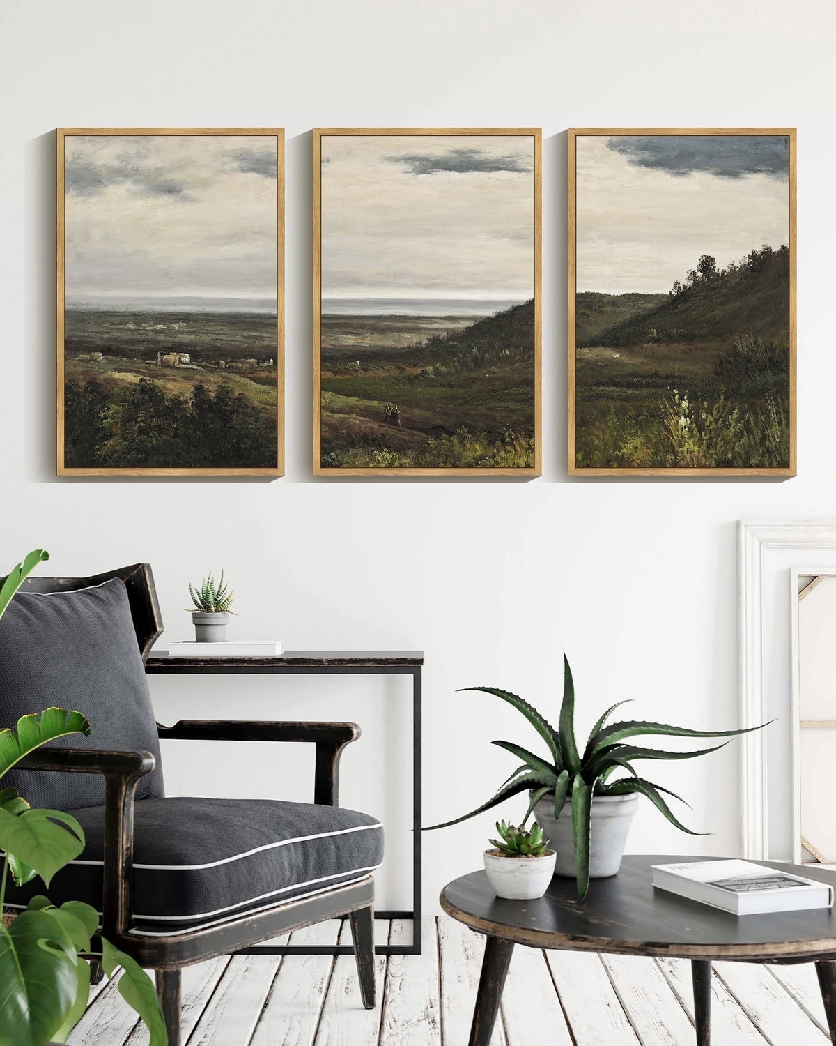 Drsoum Vintage 16x24in3pcs Brown Framed Landscape Wall Art Wilderness Mountain Retro Classic Farmhouse Paints Rustic
