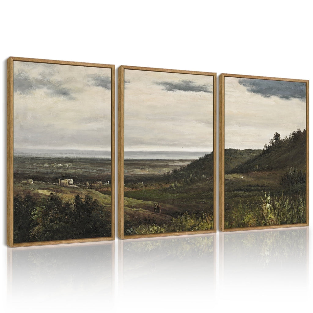 Drsoum Vintage 24x36in3pcs Brown Framed Landscape Wall Art Wilderness Mountain Retro Classic Farmhouse Paints Rustic24