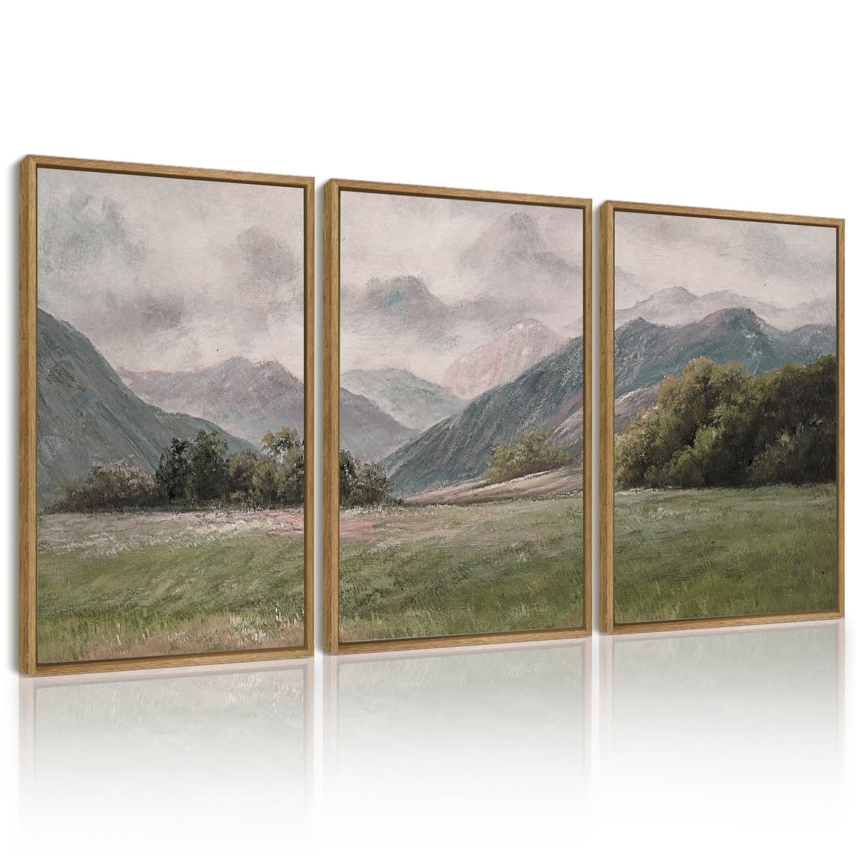 Drsoum Vintage Landscape 24x36in3pcs Brown Framed Wall Art Mountain Range Retro Classic Farmhouse Paints Rustic