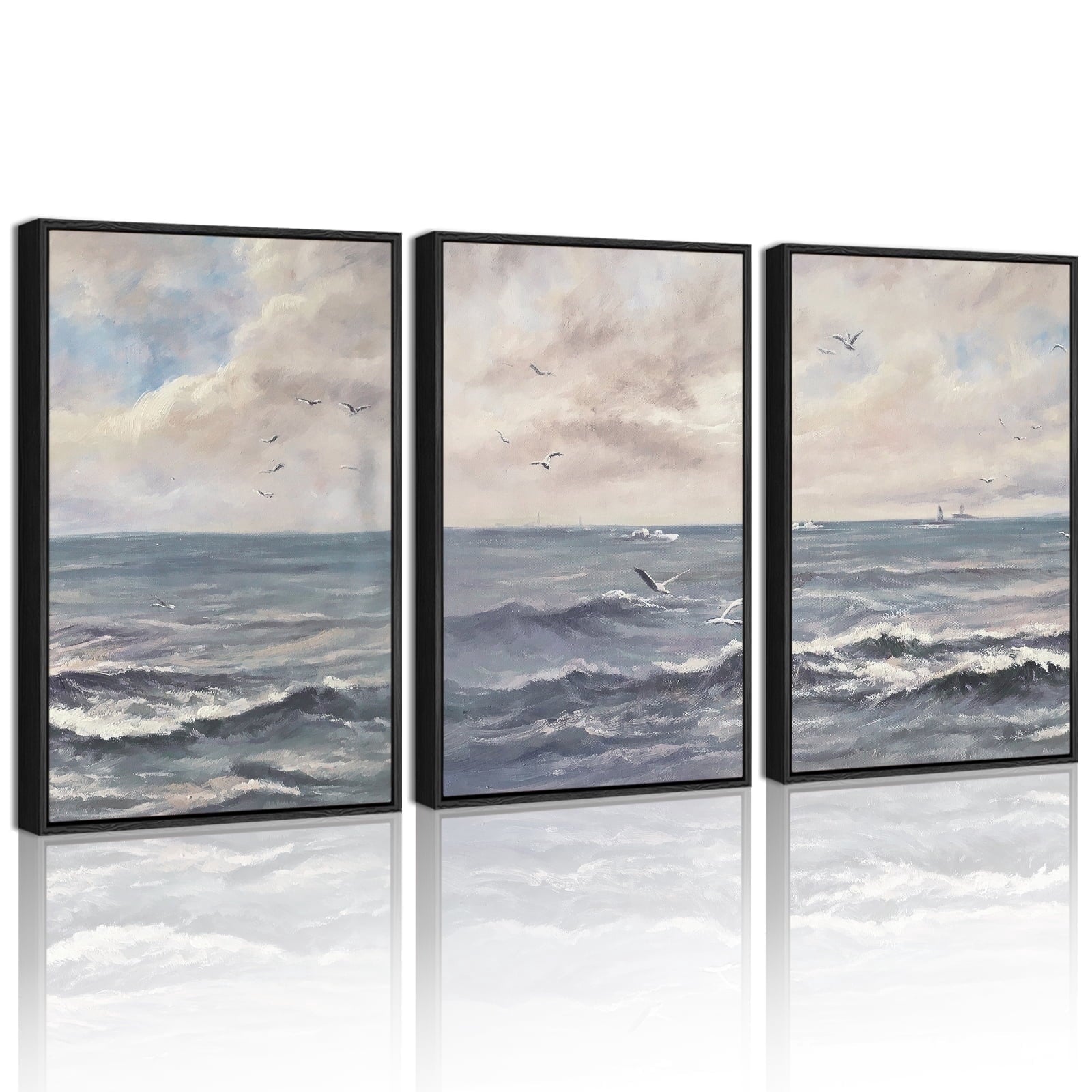 Drsoum Vintage Sea Landscape 16x24in3pcs Black Framed Wall Art Ocean Retro Classic Farmhouse Paints Rustic