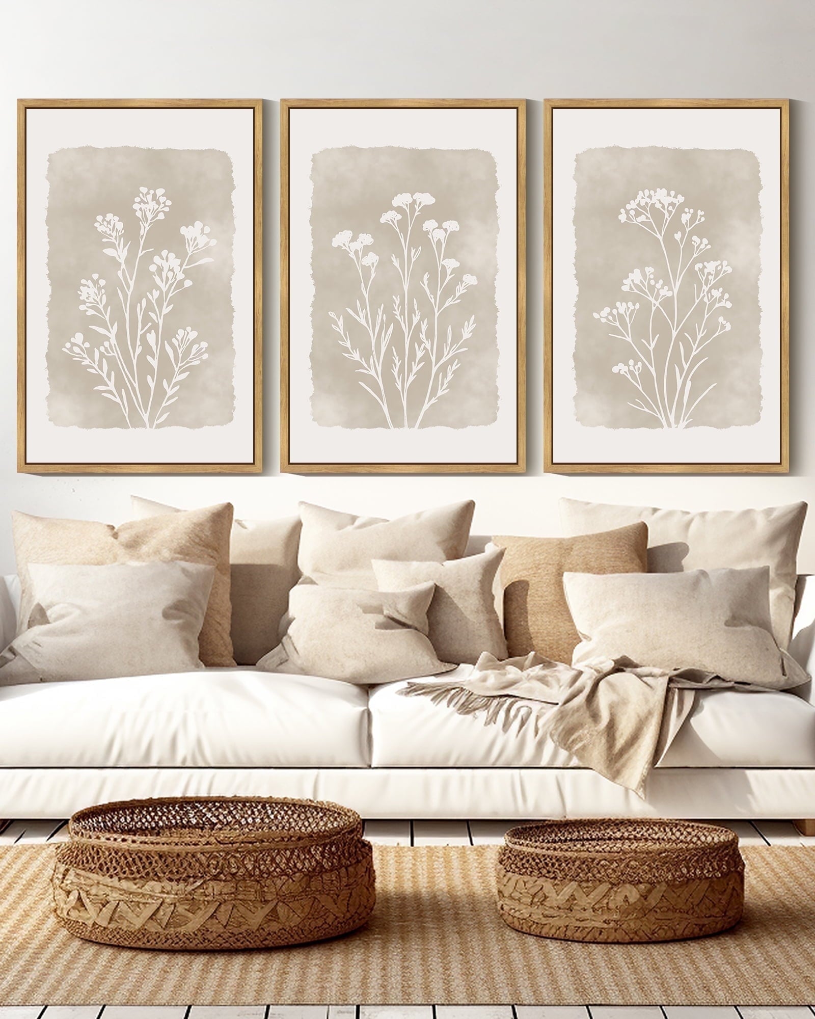 Drsoum Vintage Wall Art 16x24in3pcs Natural Framed Flower Decor Print Modern Rustic Farmhouse Home Office
