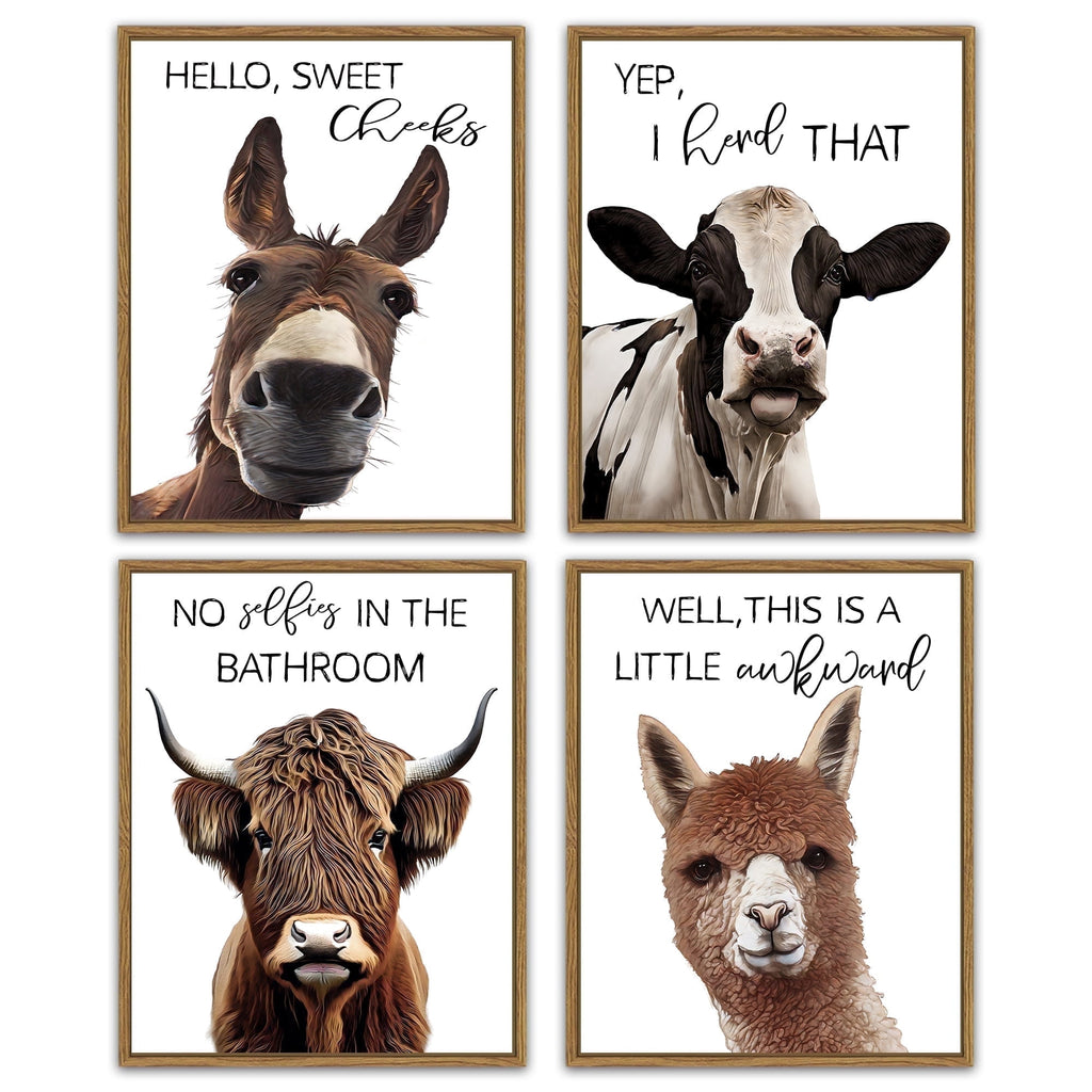 Funny Animal 8x10in Brown Framed Wall Art Prints Guest Toilet Room Decor Cute Bathroom Signs Rustic Canvas Painting Farmhouse Artwork