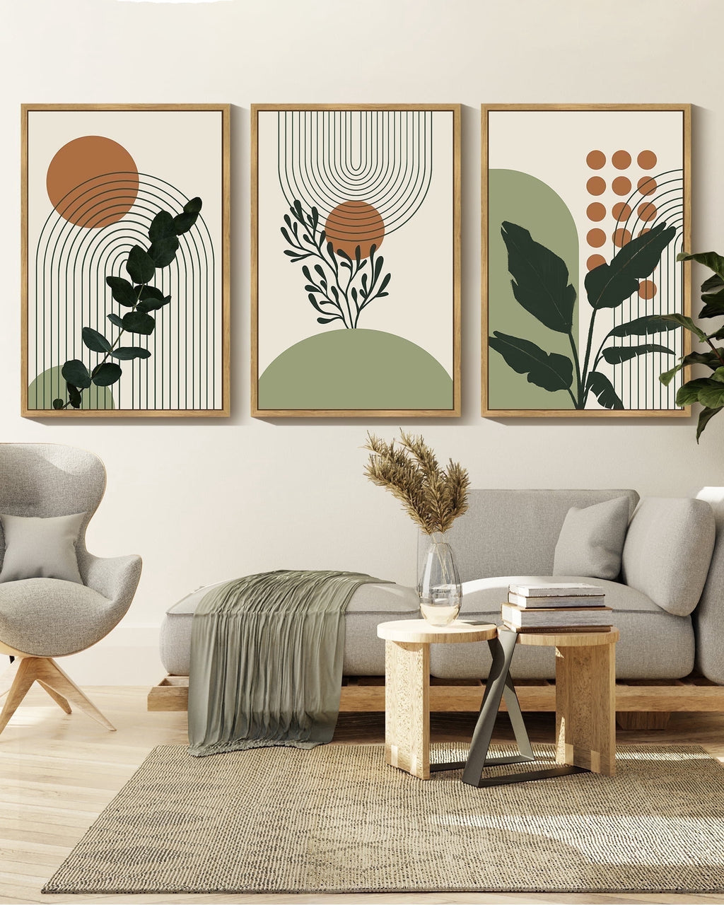 Green Botanical Bohemain Wall Boho Plant Wall Art Printing Abstract Canvas Prints with Leaf & Sun Lines for Office Dining Room Hallway 24x36in Natural Framed