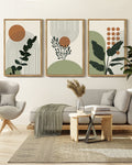 Green Botanical Bohemain Wall Boho Plant Wall Art Printing Abstract Canvas Prints with Leaf & Sun Lines for Office Dining Room Hallway 24x36in Natural Framed