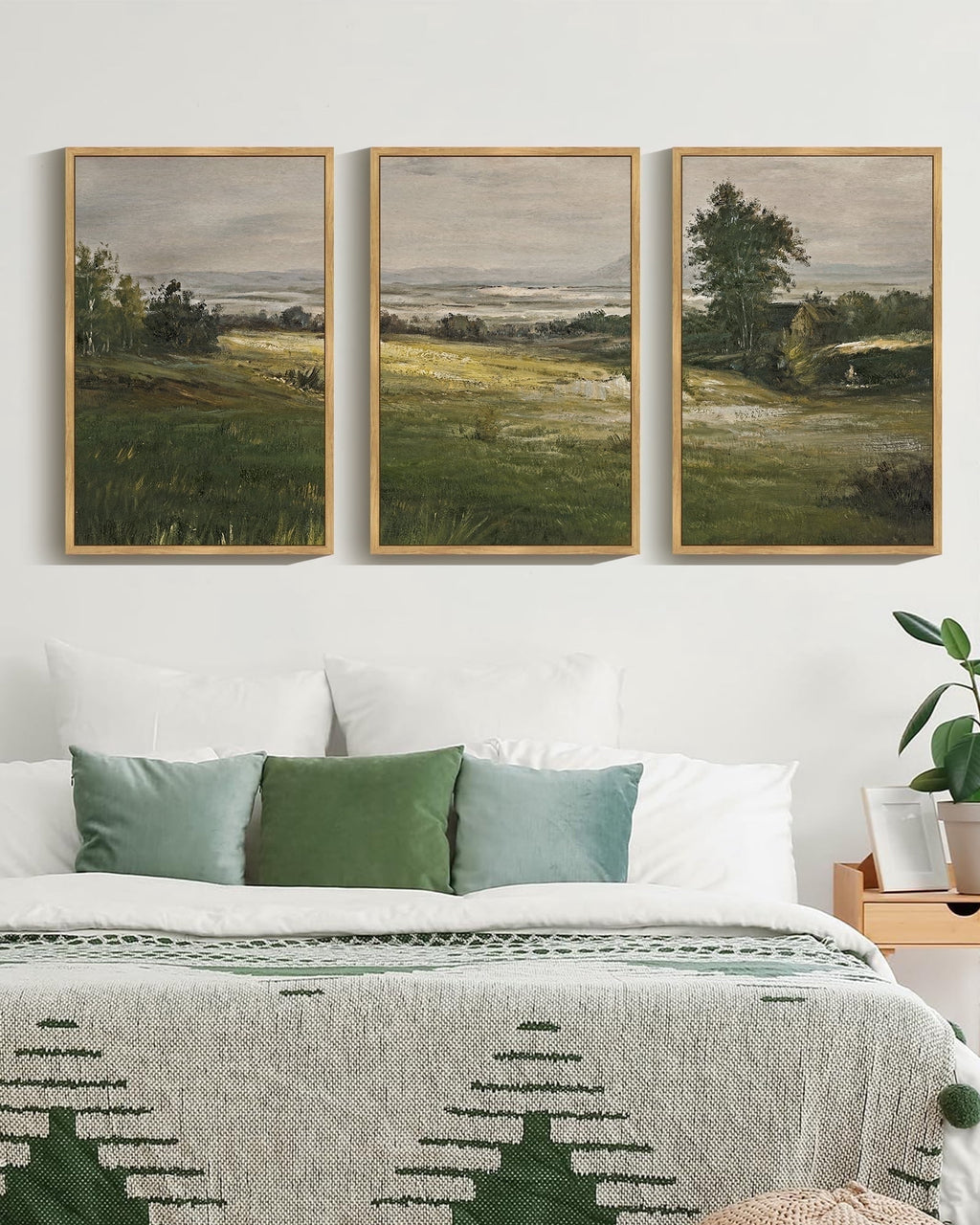 Vintage Landscape Framed Wall Art 16x24in3pcs Large The Vast Grassland Retro Classic Paints Rustic Farmhouse Living Room Bedroom Natural Framed