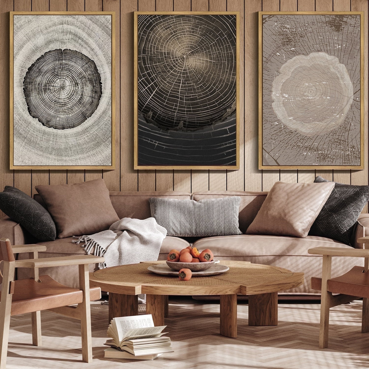 Vintage Wood Tree Rings Wall Art Farmhouse Rustic Framed Canvas Paintings Nature Artwork for Office Dining Room Hallway 24x36in Natural Framed