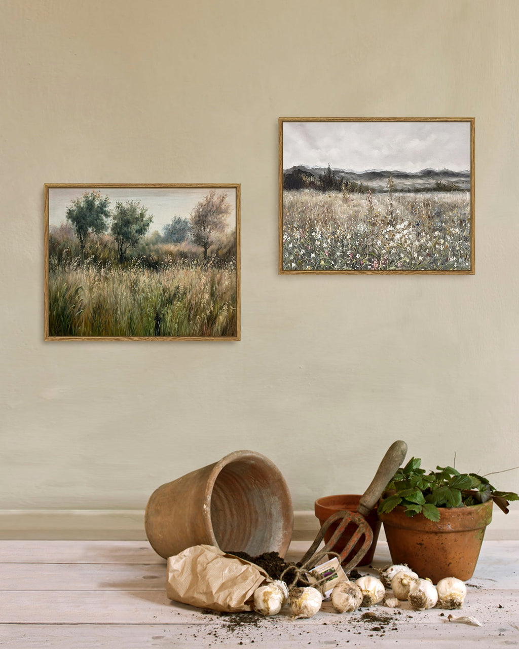 Drsoum Retro Farmhouse Boho Vintage Framed Canvas Wall Art Prints Meadow Flowers Painting 11x14in
