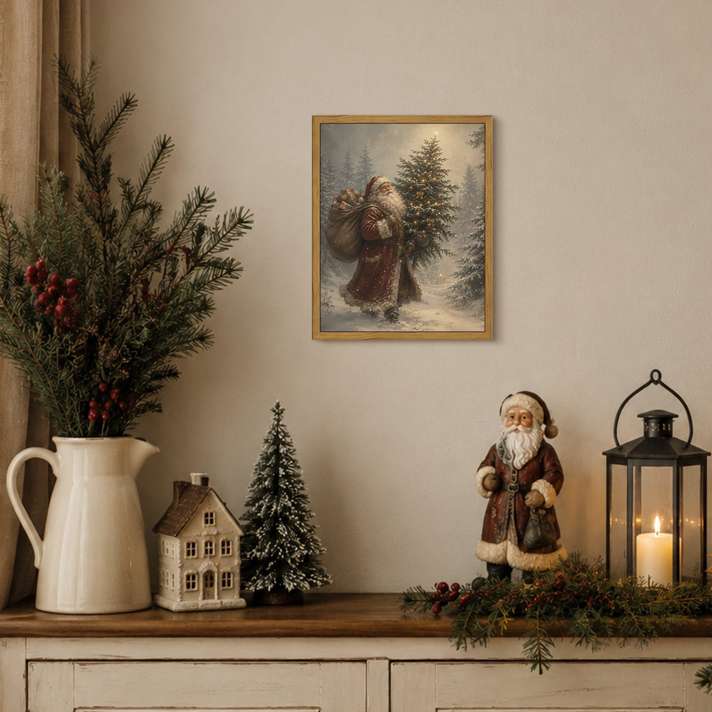 Drsoum Santa Claus With Lighted Tree Wall Art Festive Christmas Decor for Living Room 8x10 Inch Framed Canvas Prints