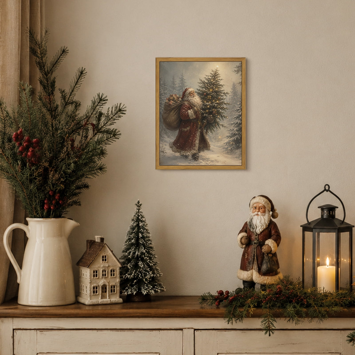 Drsoum Santa Claus With Lighted Tree Wall Art Festive Christmas Decor for Living Room 8x10 Inch Framed Canvas Prints