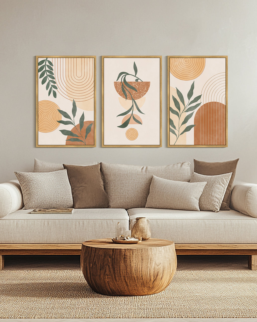 Drsoum Large 24x36in3pcs Natural Framed Boho Wall Art Plant Bohemia Decor Room Mid Century Modern Abstract Sun Phases Painting