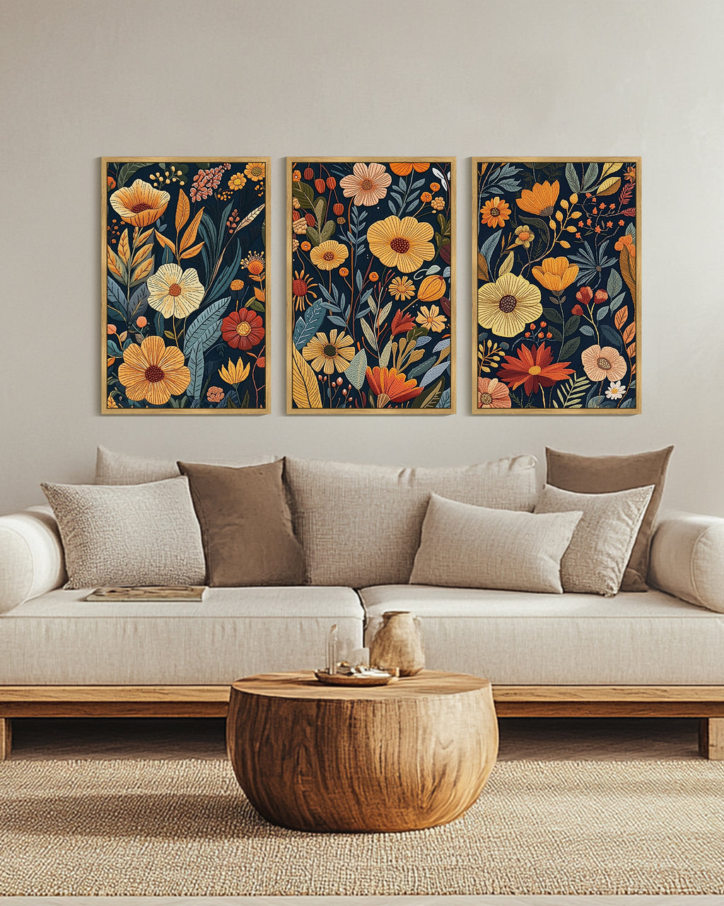 Drsoum Large 24x36in3pcs Natural Framed Flower wall Art Floral Wildflowers Decor for Bedroom living Room