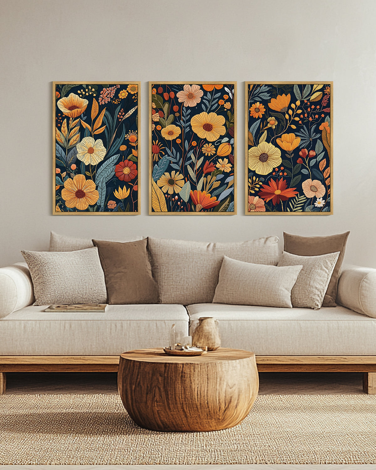 Drsoum Large 24x36in3pcs Natural Framed Flower wall Art Floral Wildflowers Decor for Bedroom living Room
