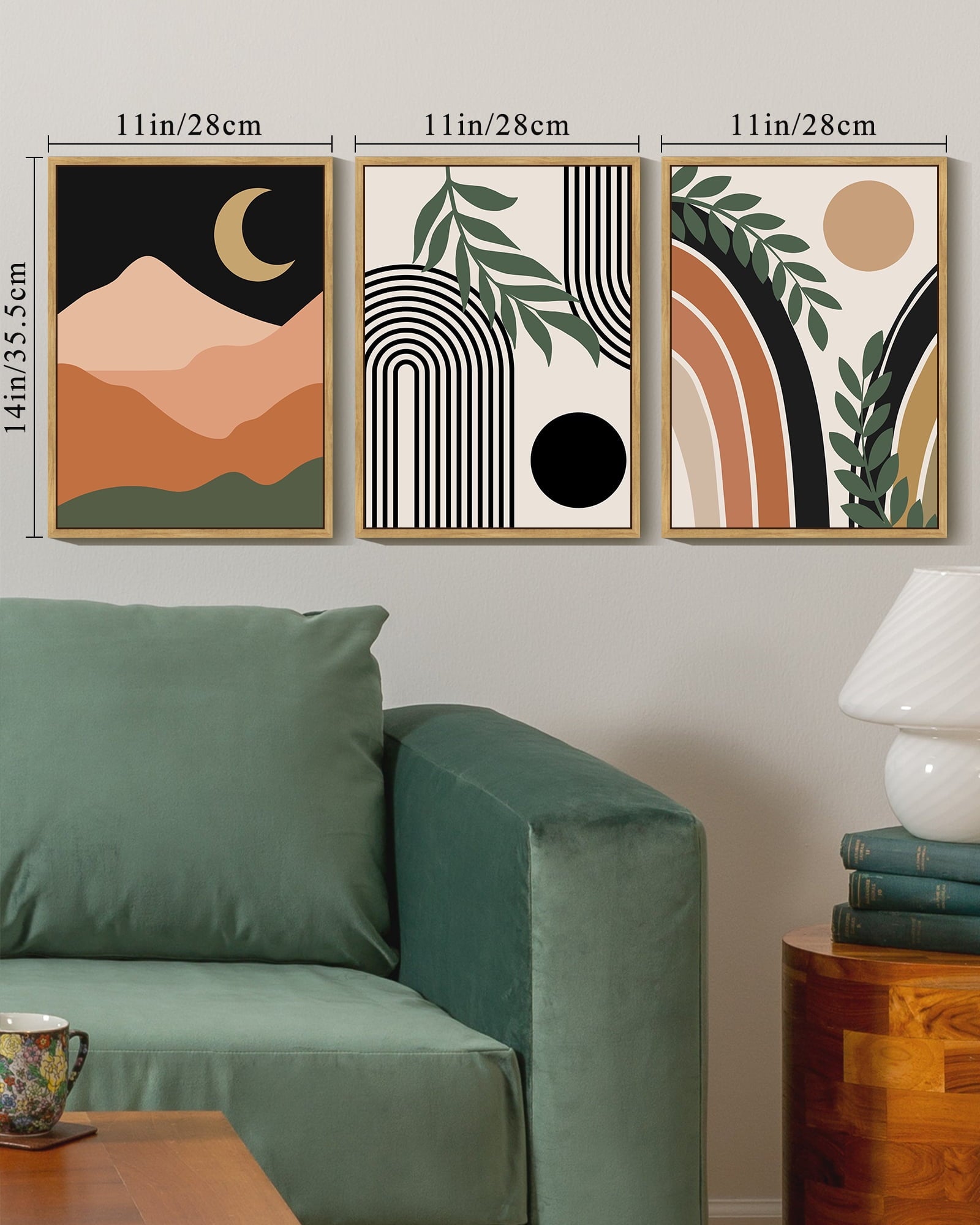 Drsoum Boho Wall Decor Modern Botanical Wall Art Minimalist Bohemian Moon Phases Painting 11x14in3pcs Natural Framed