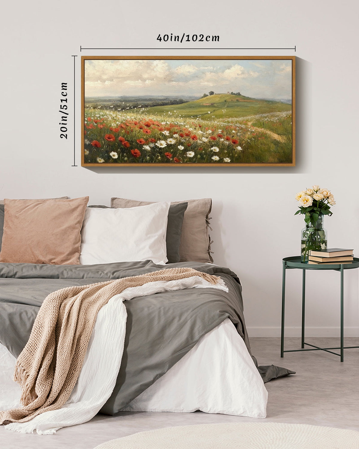 Drsoum 20x40in Natural Framed Landscape Rural wildflowers Wall Art Classic Retro rustic Wall Prints Farmhouse Kitchen Bathroom Office Decor