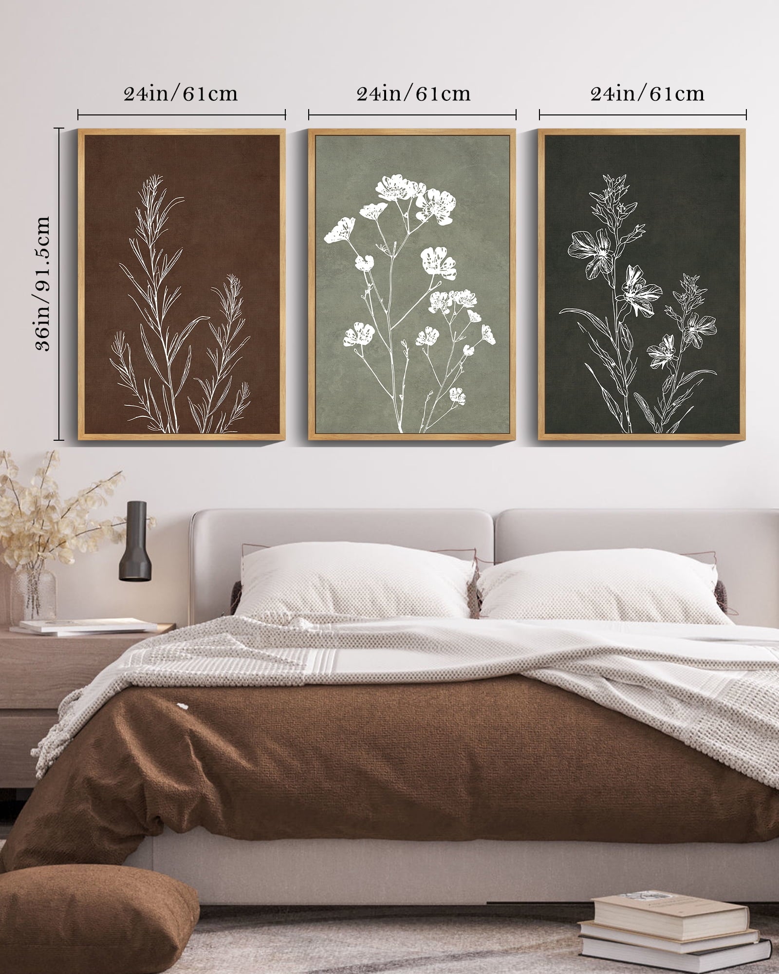 Drsoum Flower Wall Art 24x36in3pcs Large Natural Framed Vintage Floral Minimalist Wall Hanging Decor Farmhouse Living Room Bedroom Home Decor
