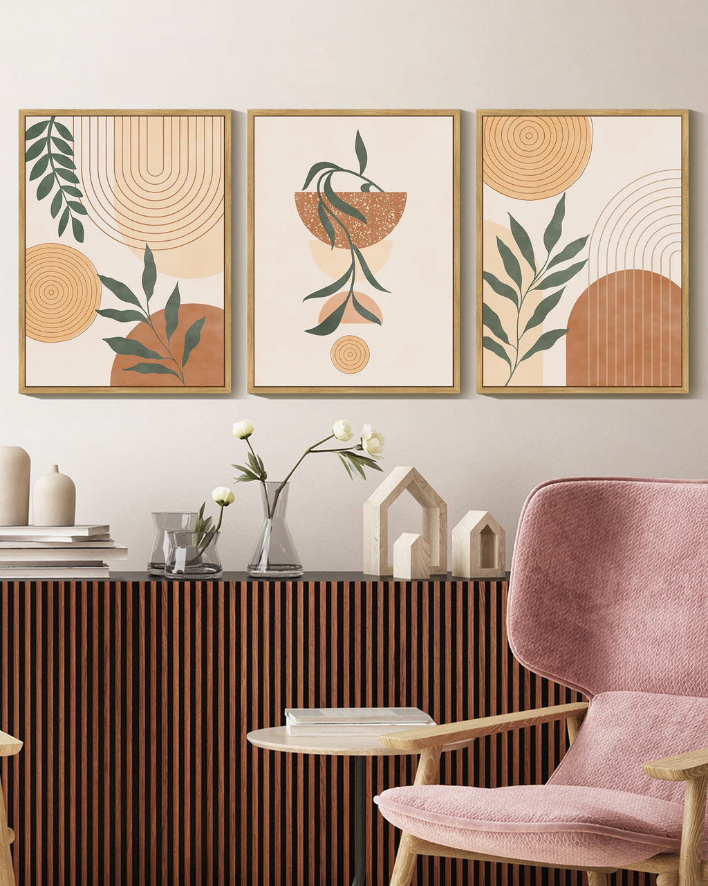 Drsoum Bohemia Wall Art Plant Boho Decor Room Mid Century Modern Abstract Sun Phases Painting 11x14in3pcs Natural Framed
