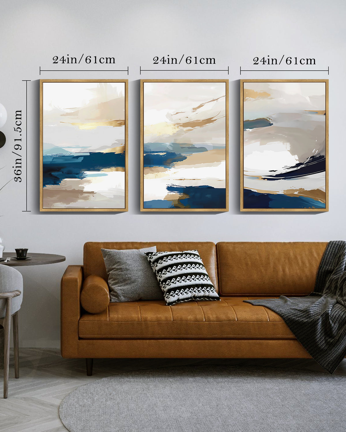 Drsoum Blue Abstract Wall Art 24x36in3pcs Large Natural Framed Modern Minimalist Painting Decor Graffiti Artwork