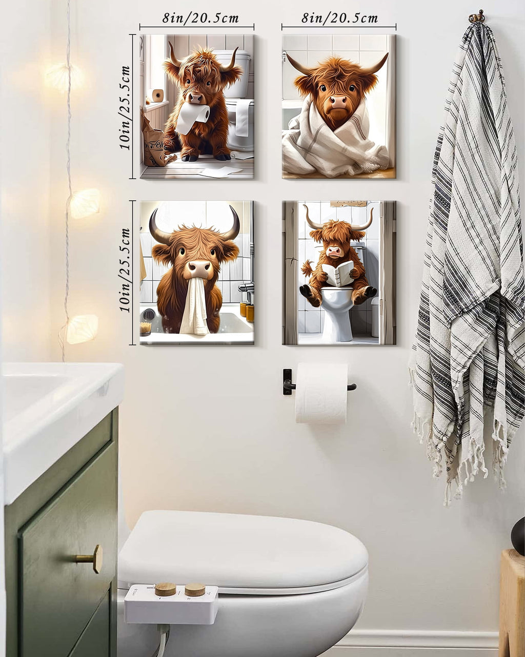 Drsoum Funny Highland Cow Bathroom Wall Art Rustic Cute Bathroom Canvas Prints for Bathroom Restroom Decor 8x10in4pcs Natural Framed