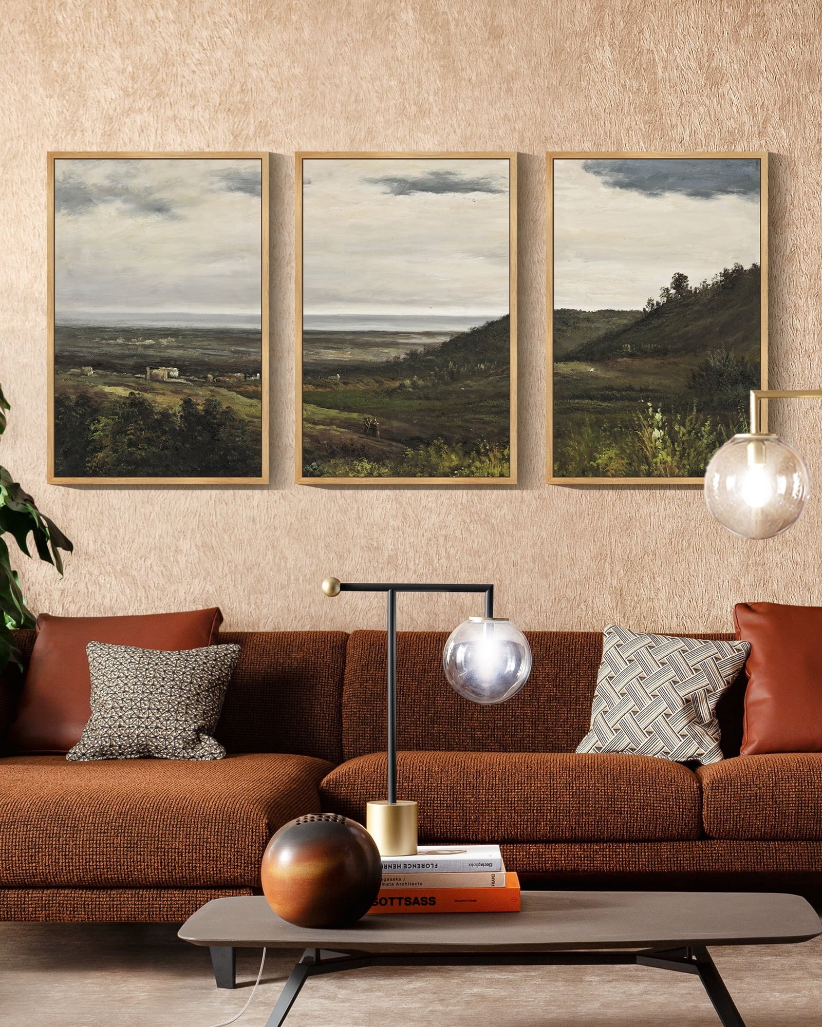 Drsoum Vintage 24x36in3pcs Brown Framed Landscape Wall Art Wilderness Mountain Retro Classic Farmhouse Paints Rustic24