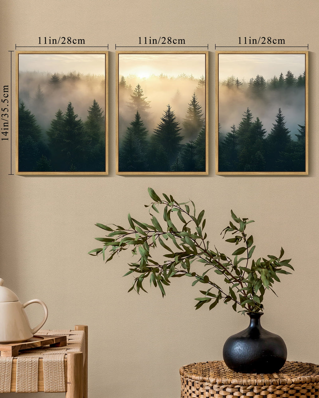 Drsoum Fog Pine Green Tree Forest Art Nordic Modern Mountain Artwork Prints Decor 11x14in3pcs Natural Framed
