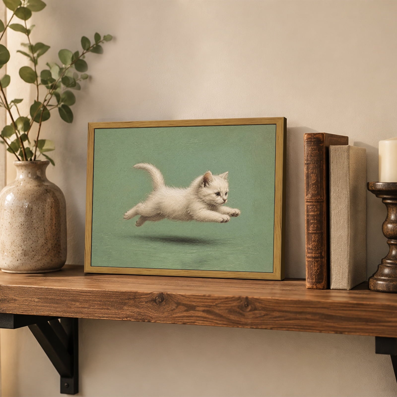 Drsoum Running White Cat Wall Art Framed Canvas Print 8x10 Inch