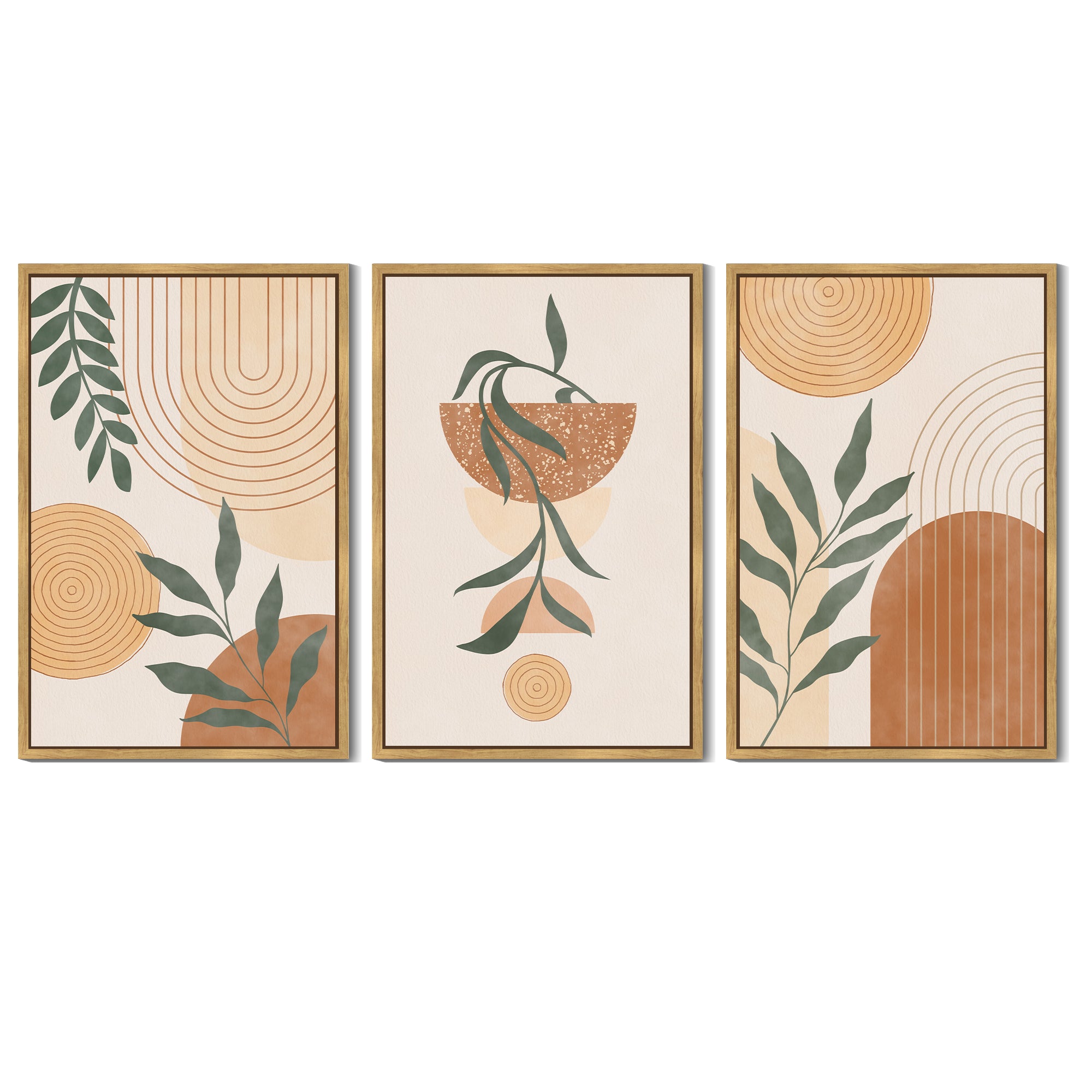 Drsoum Large 24x36in3pcs Natural Framed Boho Wall Art Plant Bohemia Decor Room Mid Century Modern Abstract Sun Phases Painting