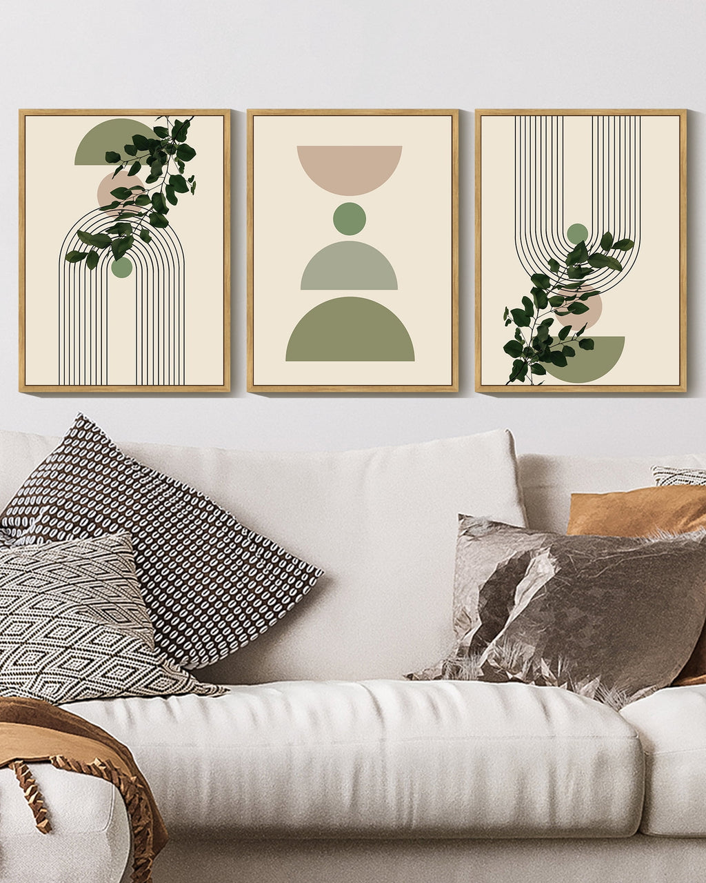 Drsoum Bohemia Decor Modern Prints Abstract with Green Leaf Wall Printing Bedroom Living Room Decor 11x14in3pcs Natural Framed