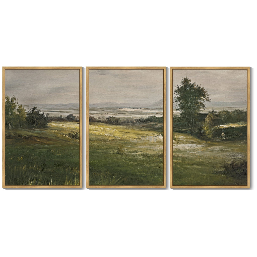 Vintage Landscape Framed Wall Art 16x24in3pcs Large The Vast Grassland Retro Classic Paints Rustic Farmhouse Living Room Bedroom Natural Framed