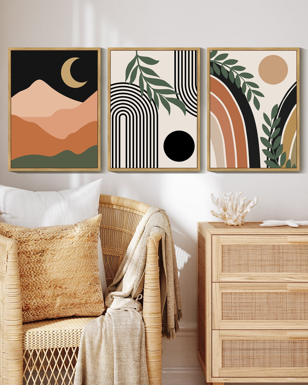 Drsoum Boho Wall Decor Modern Botanical Wall Art Minimalist Bohemian Moon Phases Painting 11x14in3pcs Natural Framed