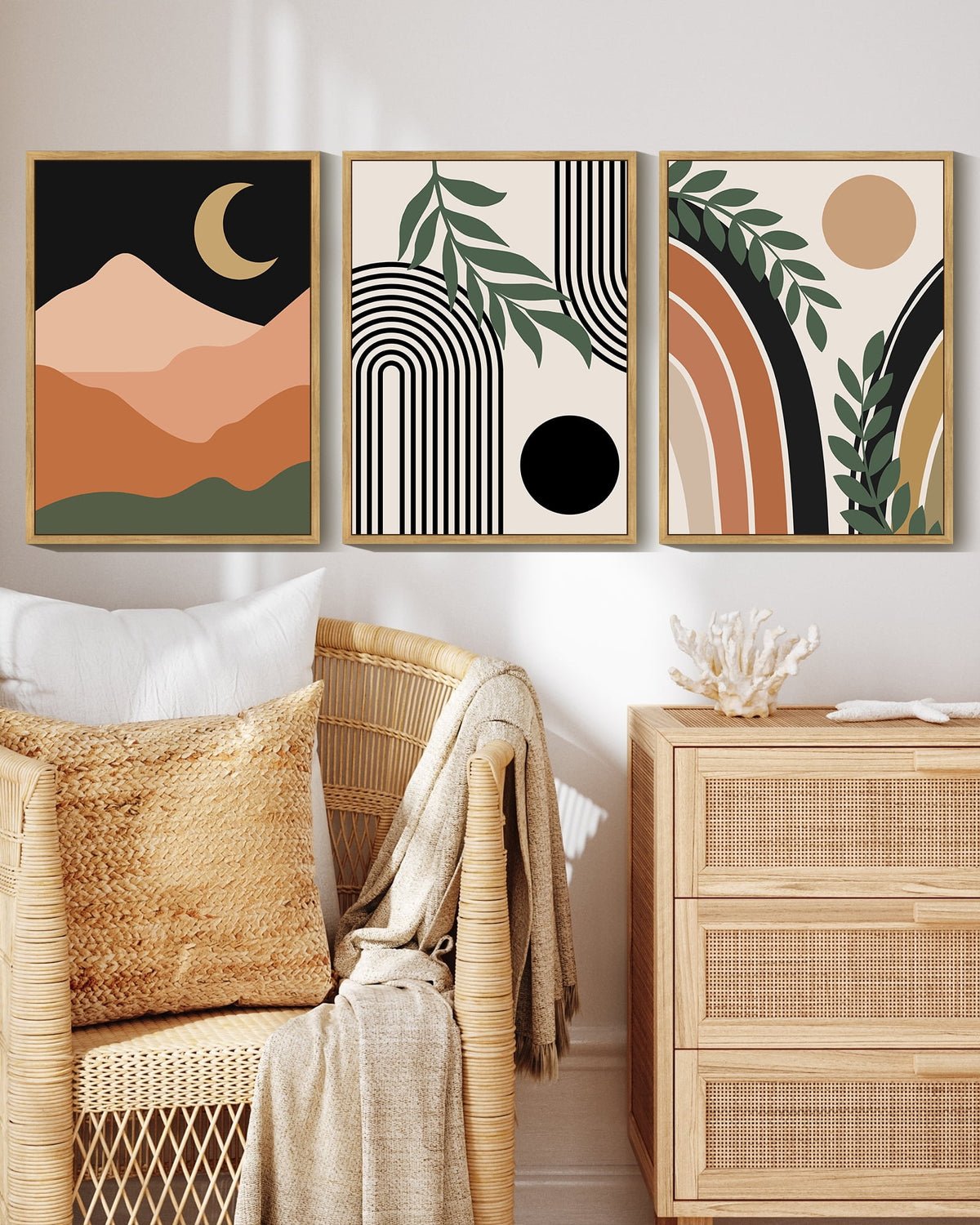 Drsoum Boho Wall Decor Modern Botanical Wall Art Minimalist Bohemian Moon Phases Painting 11x14in3pcs Natural Framed