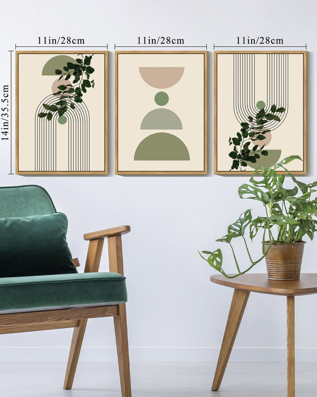 Drsoum Bohemia Decor Modern Prints Abstract with Green Leaf Wall Printing Bedroom Living Room Decor 11x14in3pcs Natural Framed