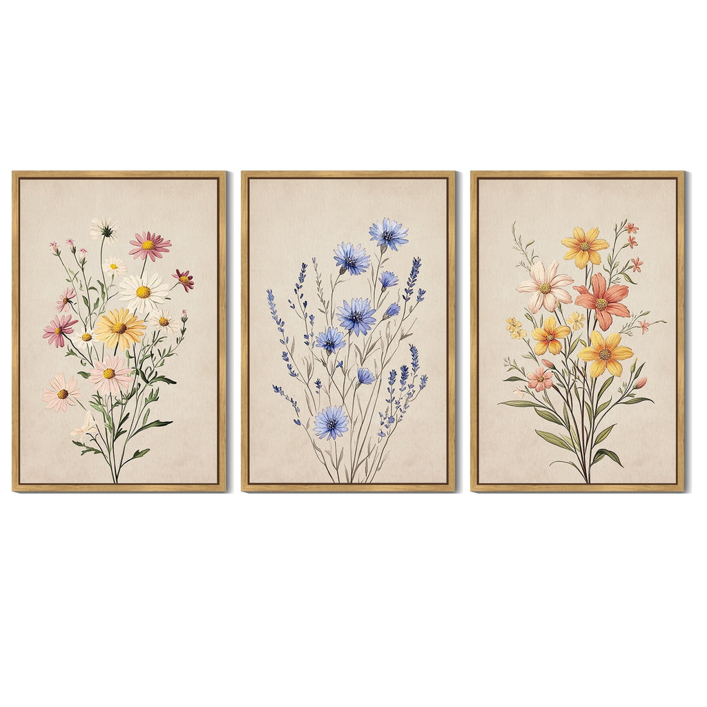 Drsoum Flower Wall Decor 16x24in3pcs Natural Framed Colorful Botanical Pictures Art Bathroom Home Office