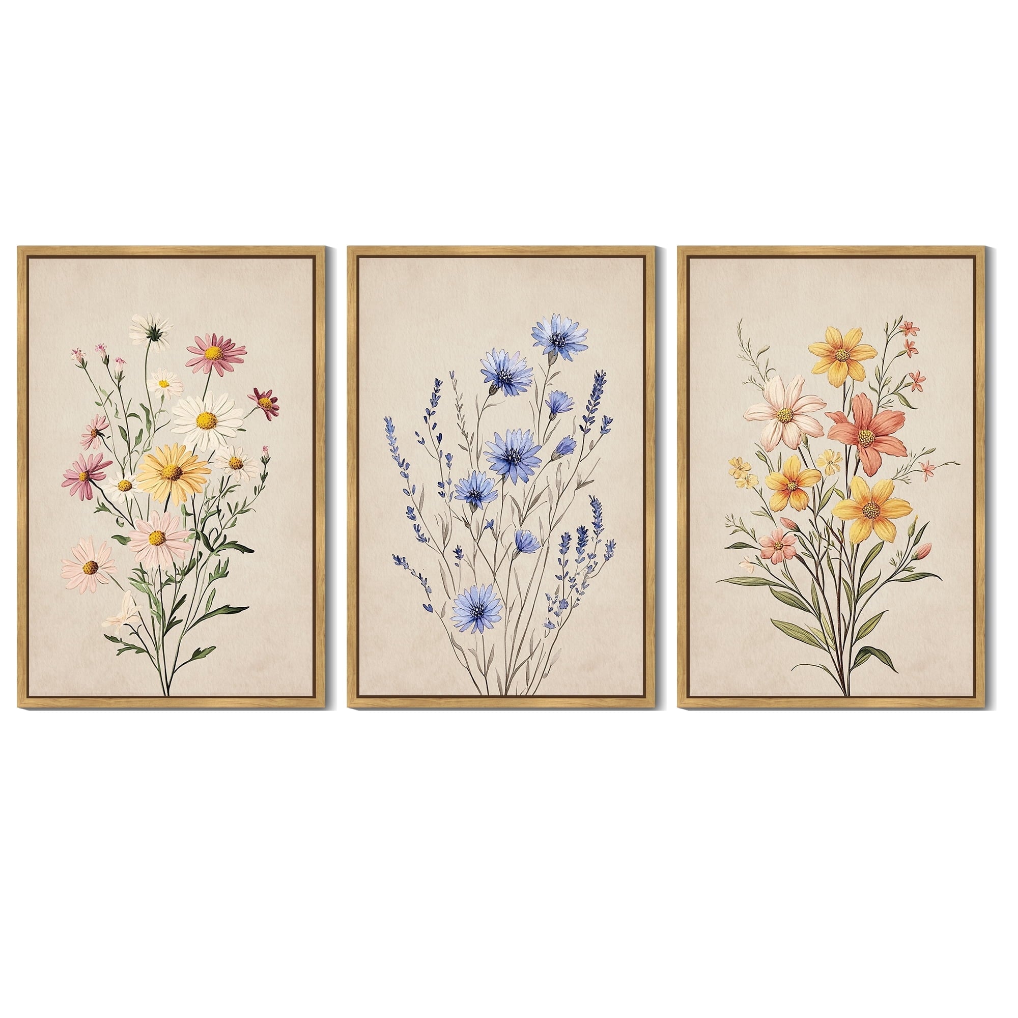 Drsoum Flower Wall Decor 16x24in3pcs Natural Framed Colorful Botanical Pictures Art Bathroom Home Office